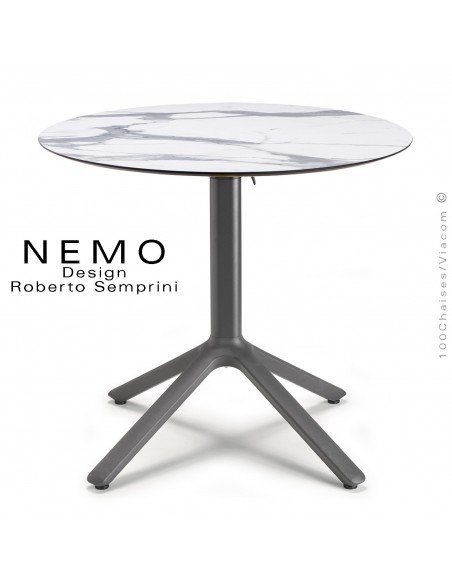 Table NEMO, pour CHR., piétement encastrable aluminium couleur anthracite, plateau Ø70 cm., rabattable compact marbre blanc.
