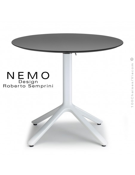 Table NEMO, pour CHR., piétement encastrable aluminium couleur blanche, plateau Ø70 cm., rabattable compact anthracite.