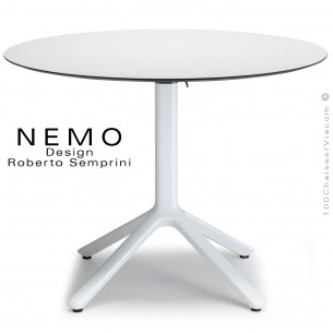 Table NEMO, pour CHR., piétement encastrable aluminium couleur blanc, plateau Ø90 cm., rabattable compact blanc.
