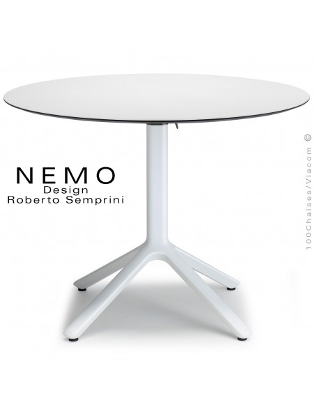 Table NEMO, pour CHR., piétement encastrable aluminium couleur blanc, plateau Ø90 cm., rabattable compact blanc.