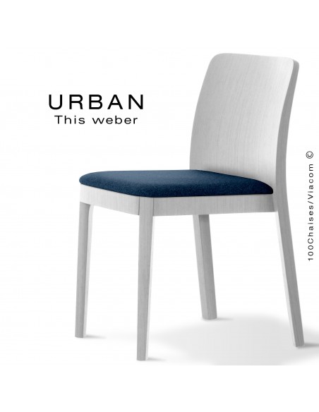 Chaise URBAN, structure bois de frêne, peint blanc, assise garnie habillage tissu bleu marine