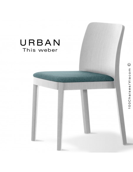 Chaise URBAN, structure bois de frêne, peint blanc, assise garnie habillage tissu bleu