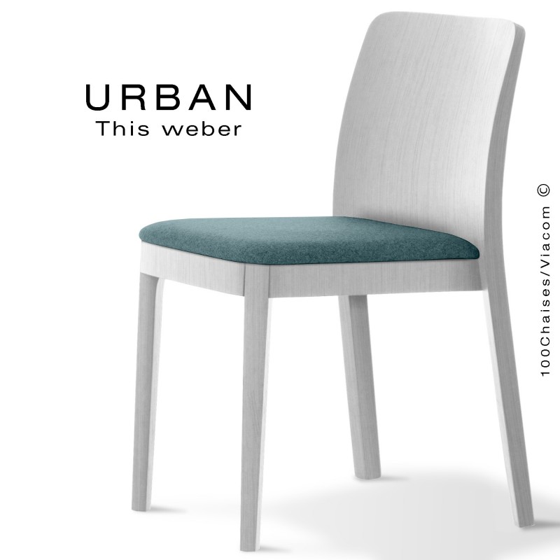 Chaise URBAN, structure bois de frêne, peint blanc, assise garnie habillage tissu bleu
