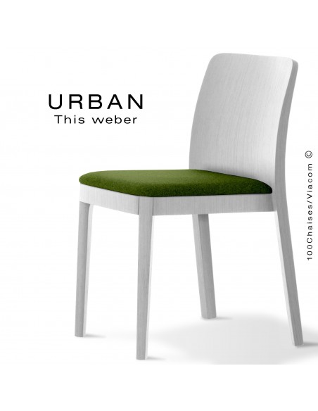 Chaise URBAN, structure bois de frêne, peint blanc, assise garnie habillage tissu vert