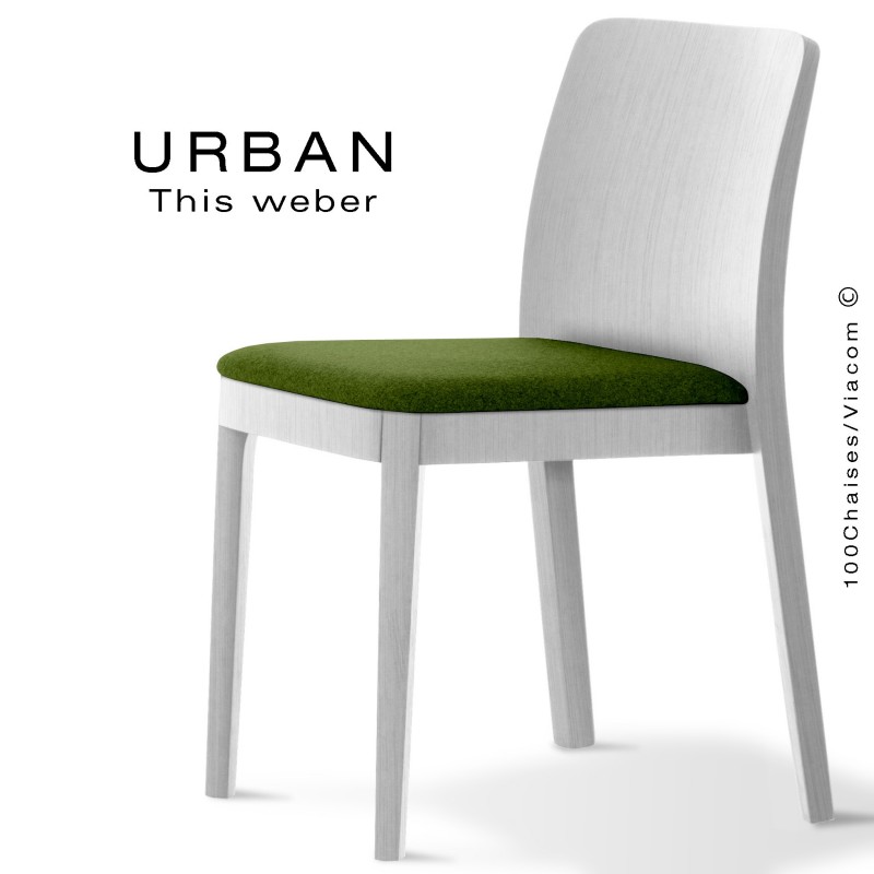 Chaise URBAN, structure bois de frêne, peint blanc, assise garnie habillage tissu vert
