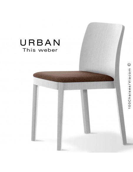  Chaise URBAN, structure bois de frêne, peint blanc, assise garnie habillage tissu taupe