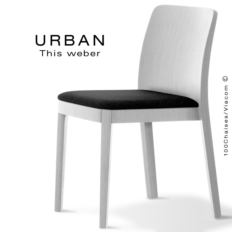  Chaise URBAN, structure bois de frêne, peint blanc, assise garnie habillage tissu noir