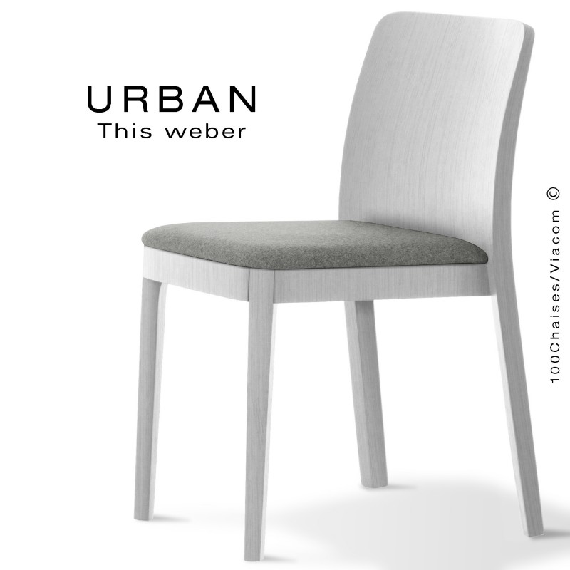  Chaise URBAN, structure bois de frêne, peint blanc, assise garnie habillage tissu gris