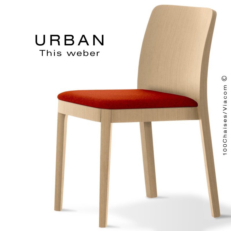 Chaise URBAN, structure bois de frêne, teinté naturel, assise garnie habillage tissu brique