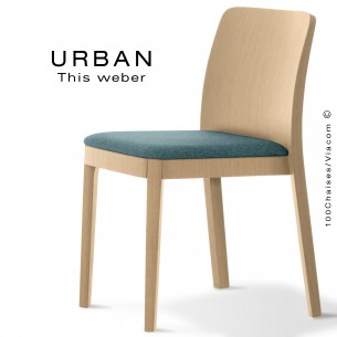 Chaise URBAN, structure bois de frêne, teinté naturel, assise garnie habillage tissu bleu