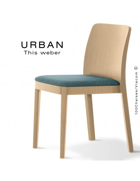 Chaise URBAN, structure bois de frêne, teinté naturel, assise garnie habillage tissu bleu