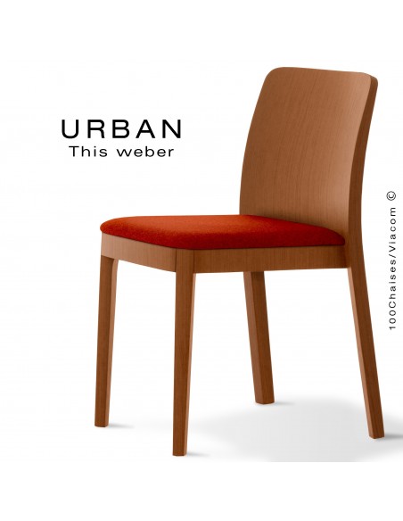 Chaise URBAN, structure bois de frêne, teinté teck, assise garnie habillage tissu brique