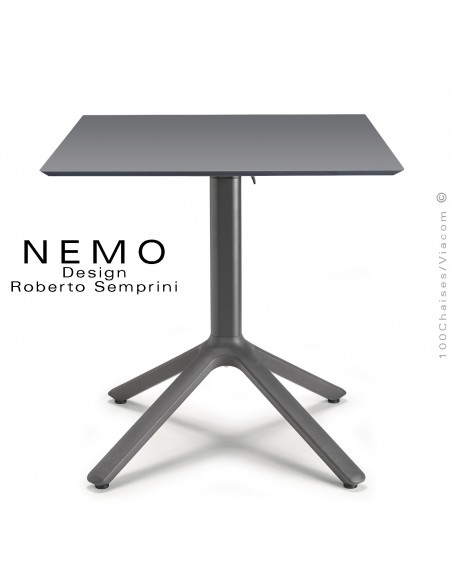 Table NEMO, pour CHR., piétement encastrable aluminium anthracite, plateau 70x70 cm., rabattable compact anthracite.