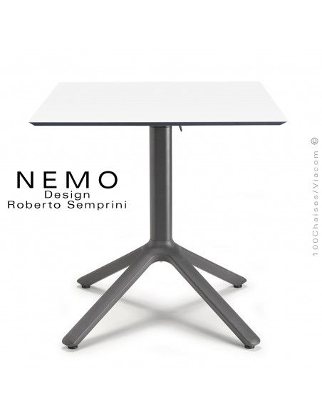 Table NEMO, pour CHR., piétement encastrable aluminium anthracite, plateau 70x70 cm., rabattable compact blanc.