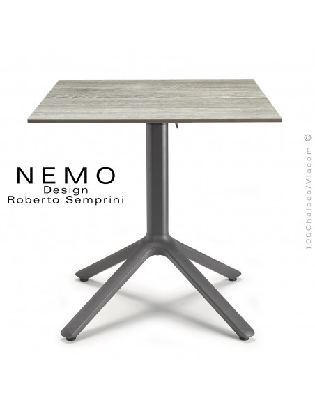 Table NEMO, pour CHR., piétement encastrable aluminium anthracite, plateau 70x70 cm., rabattable compact chêne.