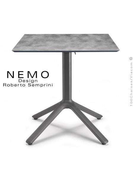 Table NEMO, pour CHR., piétement encastrable aluminium anthracite, plateau 70x70 cm., rabattable compact ciment.