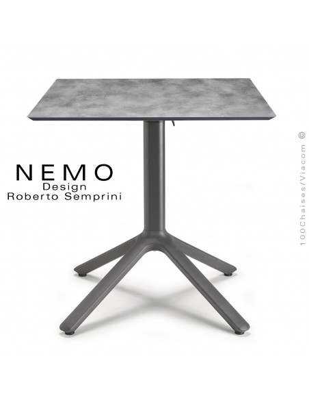 Table NEMO, pour CHR., piétement encastrable aluminium anthracite, plateau 70x70 cm., rabattable compact ciment.