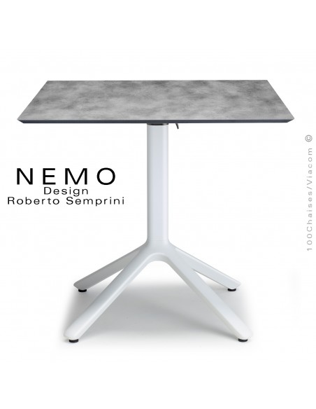 Table NEMO, pour CHR., piétement encastrable aluminium blanc, plateau 80x80 cm., rabattable compact ciment.
