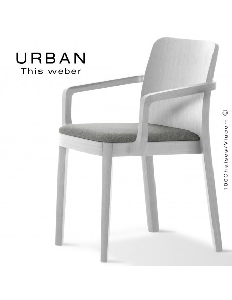 Fauteuil URBAN, structure bois de frêne, peint blanc, assise garnie habillage tissu gris