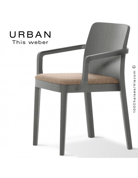Fauteuil URBAN, structure bois de frêne, peint gris, assise garnie habillage tissu sable