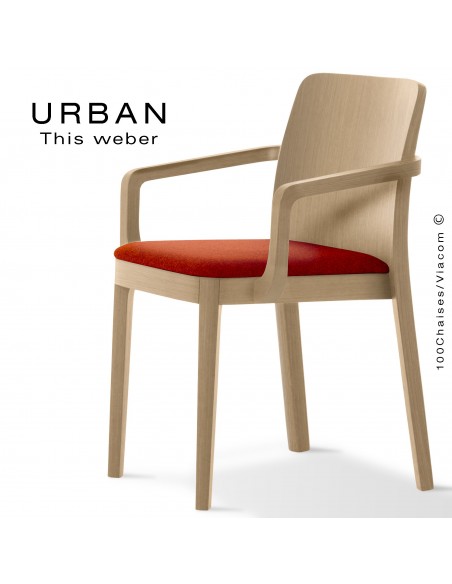 Fauteuil URBAN, structure bois de frêne, teinté naturel, assise garnie habillage tissu brique