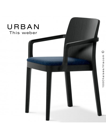 Fauteuil URBAN, structure bois de frêne, peint noir, assise garnie habillage tissu bleu marine