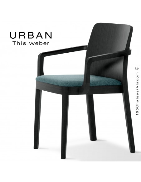 Fauteuil URBAN, structure bois de frêne, peint noir, assise garnie habillage tissu bleu