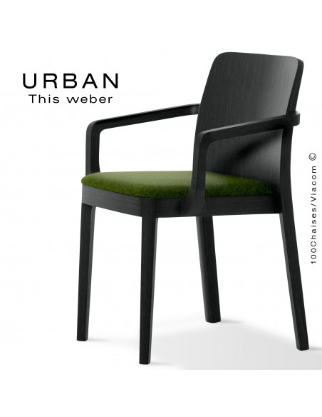 Fauteuil URBAN, structure bois de frêne, peint noir, assise garnie habillage tissu vert
