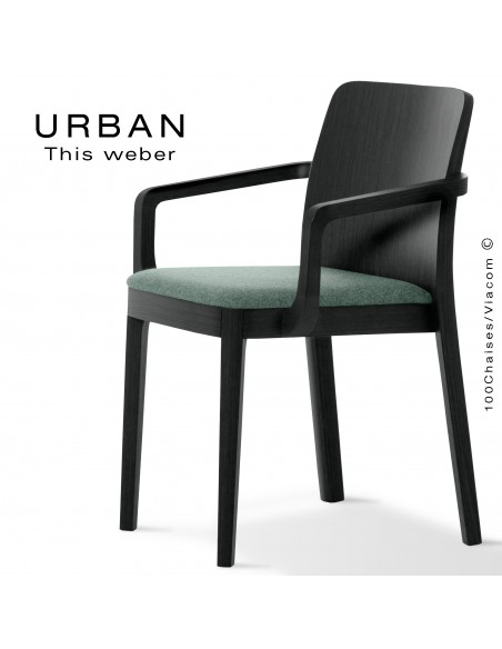 Fauteuil URBAN, structure bois de frêne, peint noir, assise garnie habillage tissu vert pâl