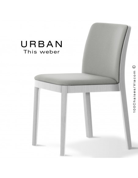 Chaise URBAN, structure bois de frêne, peint blanc, assise et dossier garnie habillage tissu gris