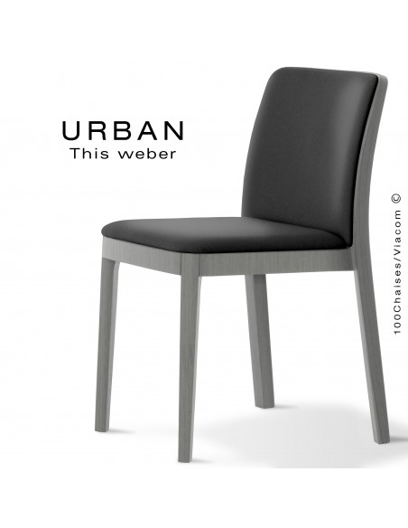 Chaise URBAN, structure bois de frêne, peint gris, assise et dossier garnie habillage tissu noir
