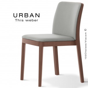 Chaise URBAN, structure bois de frêne, teinté noyer, assise et dossier garnie habillage tissu gris