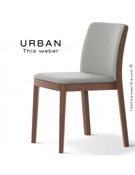 Chaise URBAN, structure bois de frêne, teinté noyer, assise et dossier garnie habillage tissu gris