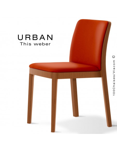 Chaise URBAN, structure bois de frêne, teinté teck, assise et dossier garnie habillage tissu brique