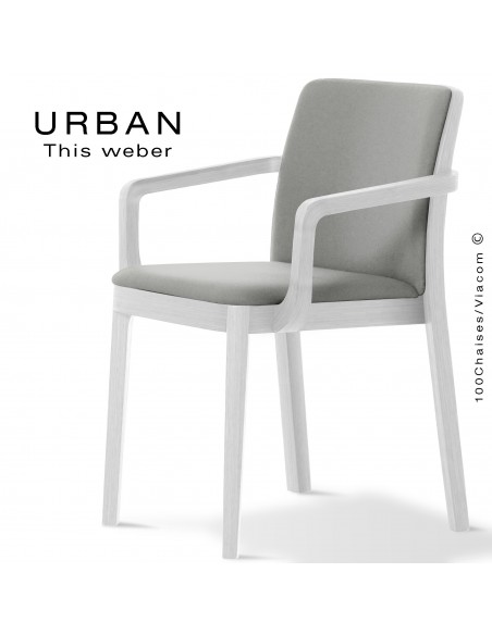 Fauteuil URBAN, structure bois de frêne, peint blanc, assise et dossier garnie habillage tissu gris