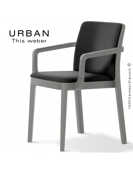 Fauteuil URBAN, structure bois de frêne, peint gris, assise et dossier garnie habillage tissu noir