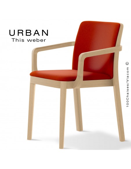 Fauteuil URBAN, structure bois de frêne, teinté naturel, assise et dossier garnie habillage tissu brique