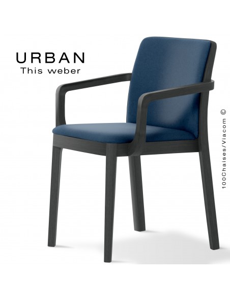 Fauteuil URBAN, structure bois de frêne, peint noir, assise et dossier garnie habillage tissu bleu marine