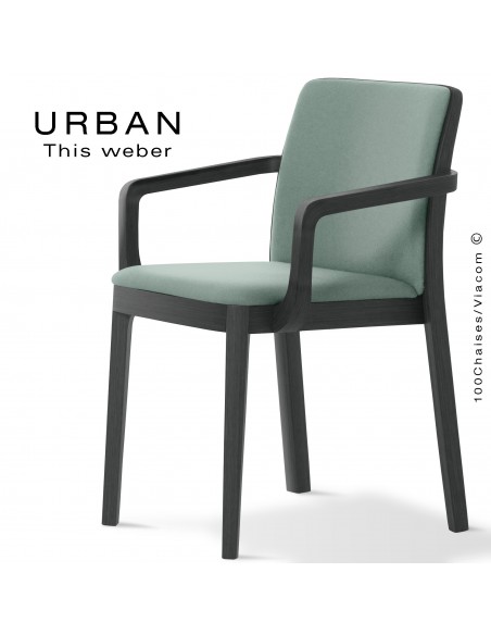Fauteuil URBAN, structure bois de frêne, peint noir, assise et dossier garnie habillage tissu vert pâl