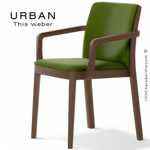 Fauteuil URBAN, structure bois de frêne, teinté wengé, assise et dossier garnie habillage tissu vert