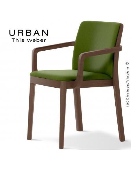 Fauteuil URBAN, structure bois de frêne, teinté wengé, assise et dossier garnie habillage tissu vert