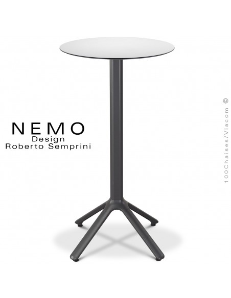 Table mange-debout NEMO, pour CHR., piétement aluminium peint anthracite, plateau fixe Ø60 cm., compact blanc.