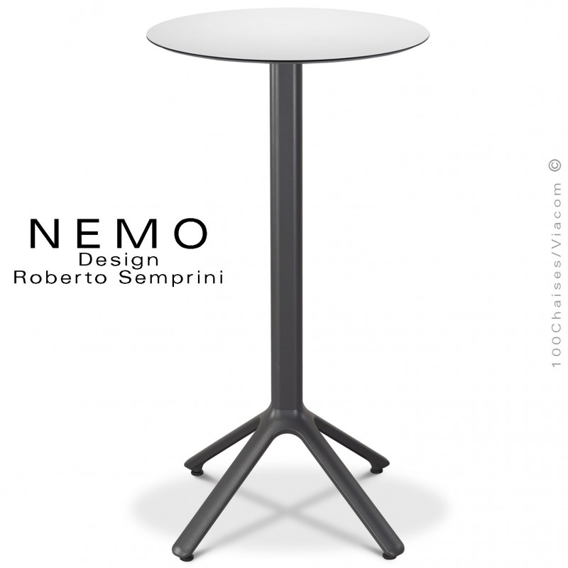 Table mange-debout NEMO, pour CHR., piétement aluminium peint anthracite, plateau fixe Ø60 cm., compact blanc.