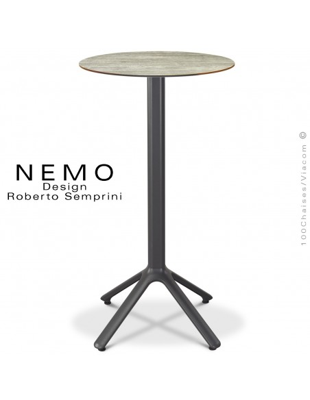 Table mange-debout NEMO, pour CHR., piétement aluminium peint anthracite, plateau fixe Ø60 cm., compact chêne.