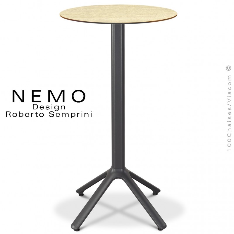 Table mange-debout NEMO, pour CHR., piétement aluminium peint anthracite, plateau fixe Ø60 cm., compact chêne clair.