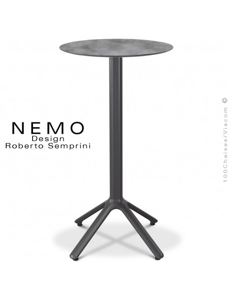 Table mange-debout NEMO, pour CHR., piétement aluminium peint anthracite, plateau fixe Ø60 cm., compact ciment.