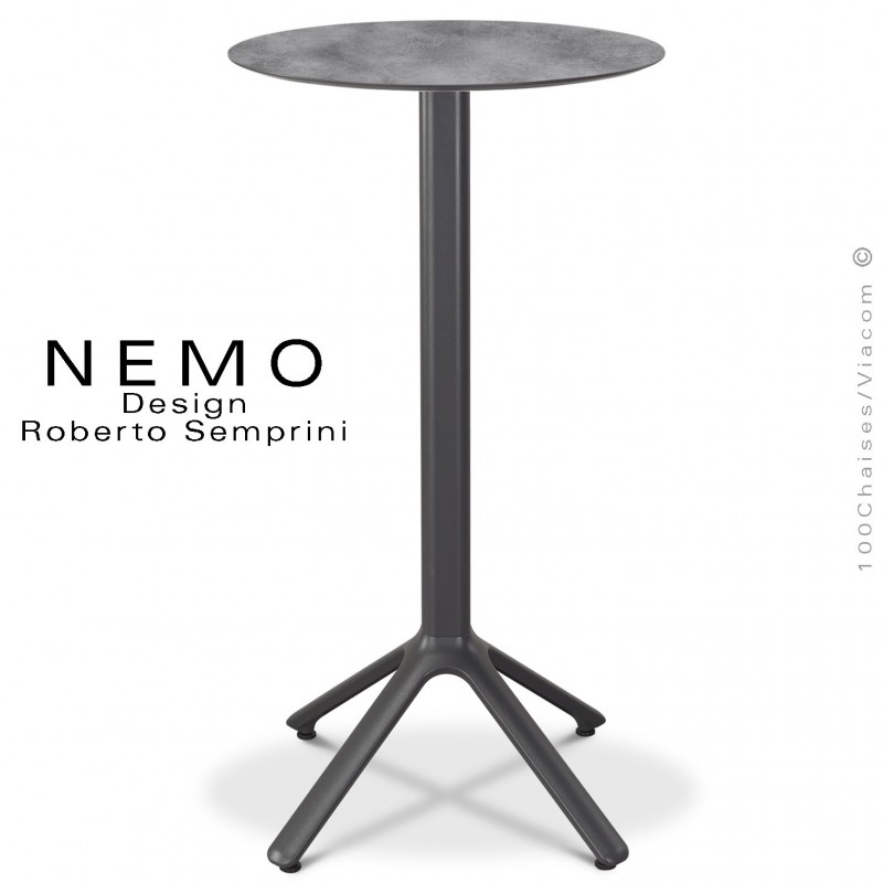 Table mange-debout NEMO, pour CHR., piétement aluminium peint anthracite, plateau fixe Ø60 cm., compact ciment.
