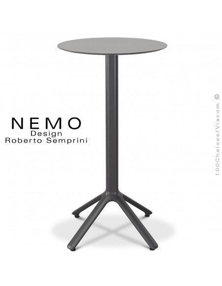 Table mange-debout NEMO, pour CHR., piétement aluminium peint anthracite, plateau fixe Ø60 cm., compact gris clair.