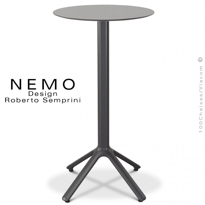 Table mange-debout NEMO, pour CHR., piétement aluminium peint anthracite, plateau fixe Ø60 cm., compact gris clair.