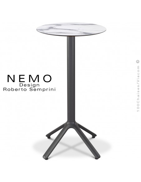 Table mange-debout NEMO, pour CHR., piétement aluminium peint anthracite, plateau fixe Ø60 cm., compact marbre blanc.